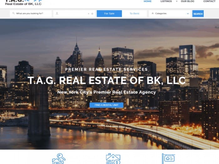 Screenshot of T.A.G. Real Estate of BK, LLC image shows New York skyline