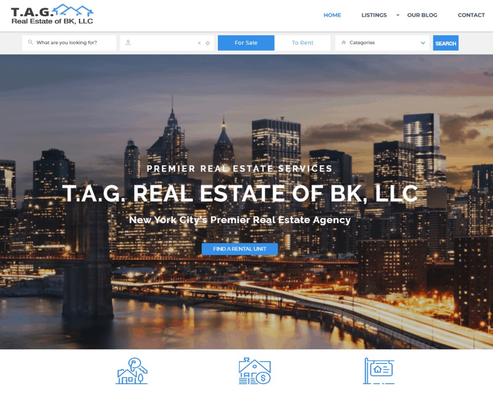 Screenshot of T.A.G. Real Estate of BK, LLC image shows New York skyline