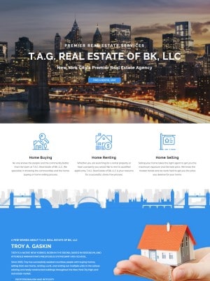 Screenshot of T.A.G. Real Estate of BK, LLC image shows New York skyline and a woman holding model home in her hand